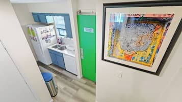 Cocina compacta con lavabo, refrigerador y una puerta verde con la leyenda 'OPERATING ROOM-1'.