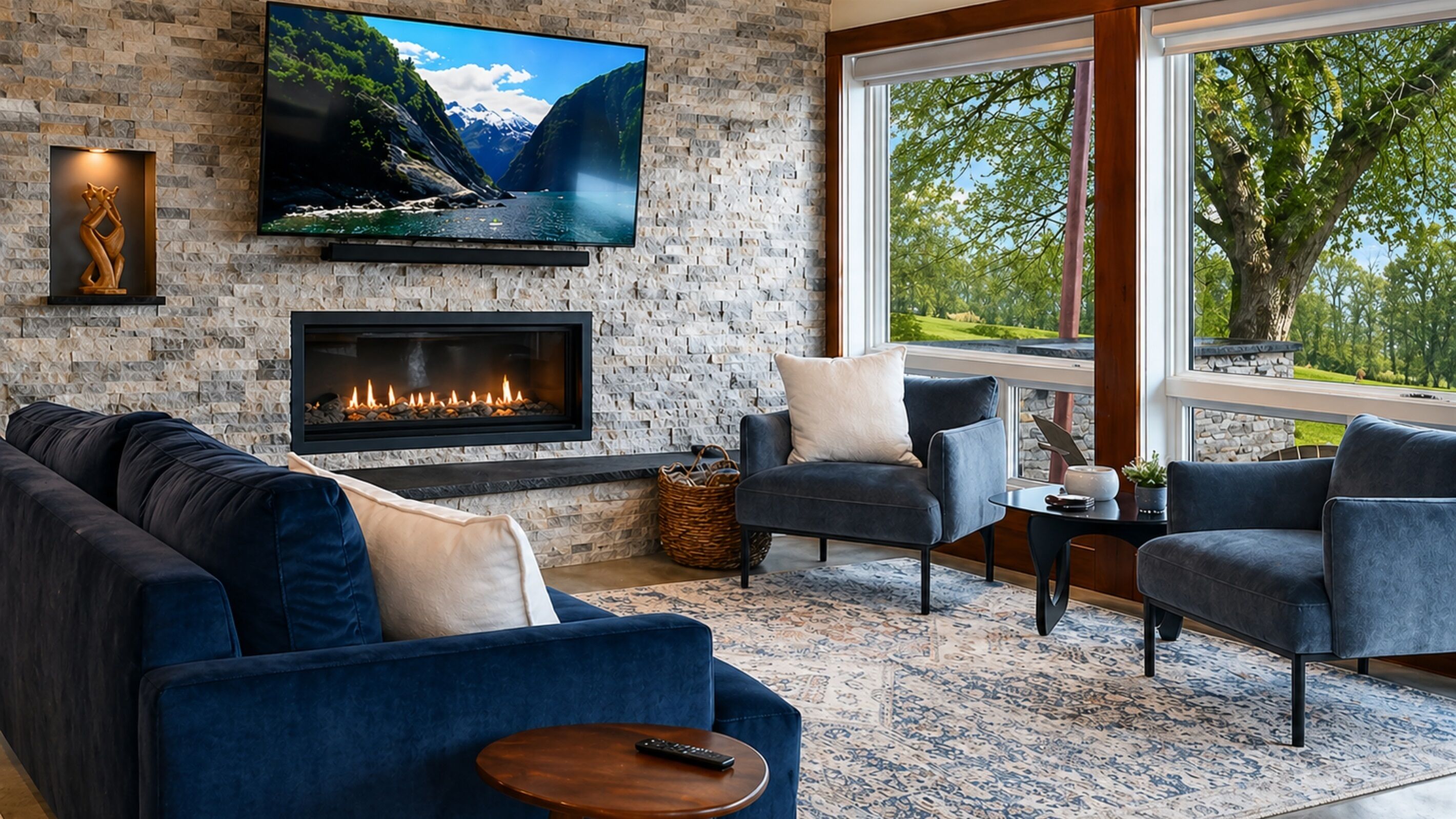 Smart TV, fireplace, books