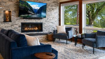 Smart TV, fireplace, books
