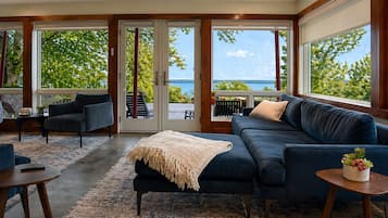 Smart TV, fireplace, books