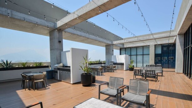 Une terrasse sur le toit avec des sièges extérieurs, un barbecue et des plantes en pot.