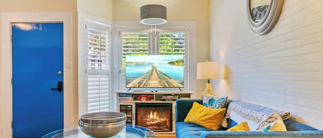Smart TV, fireplace, books