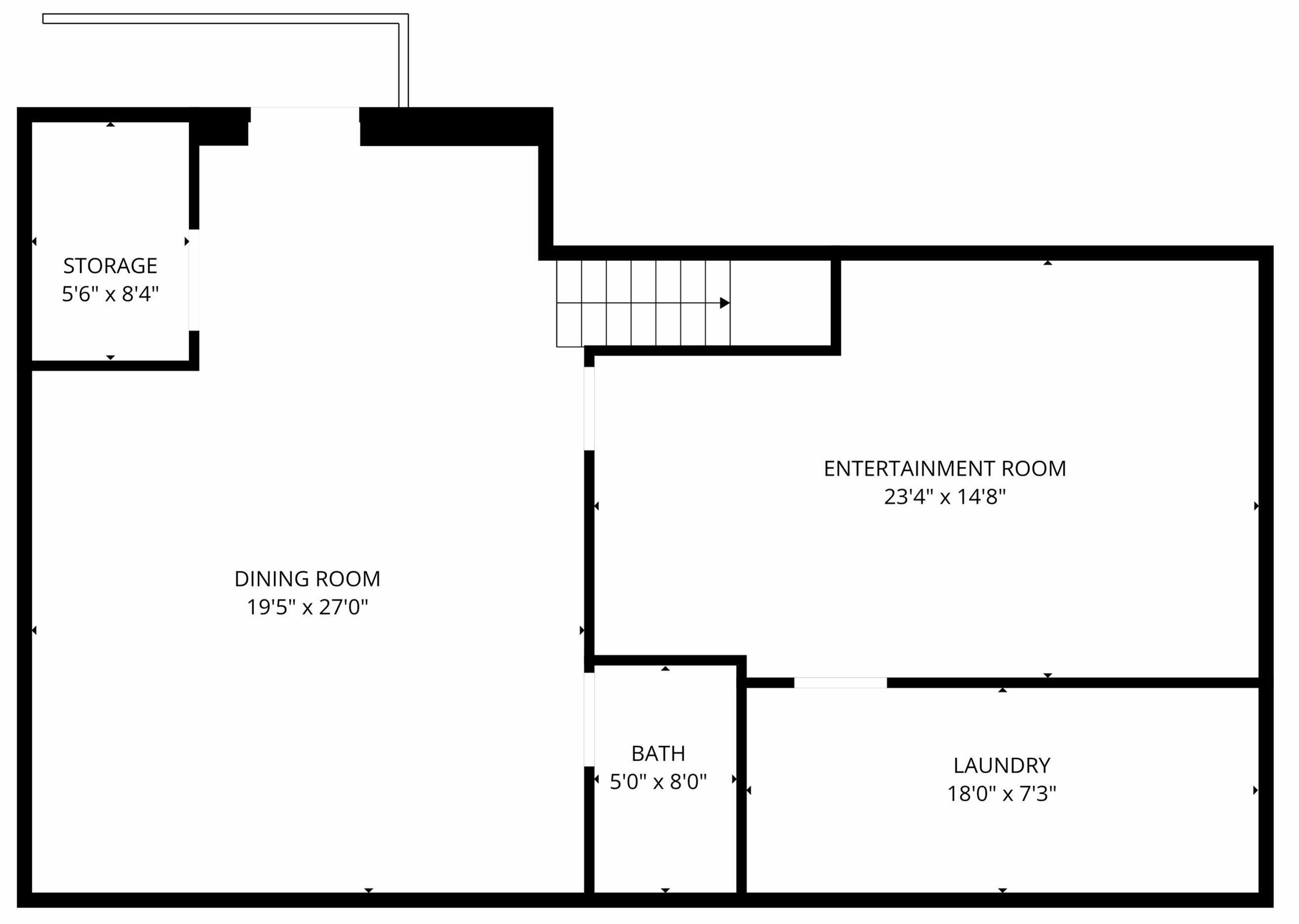 Un plan d’étage comprenant une salle à manger, un espace de rangement, une salle de divertissement, une salle de bain et un espace buanderie.