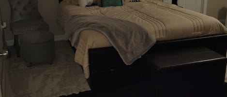 A bedroom with a bed, a chair, a rug, and a door.