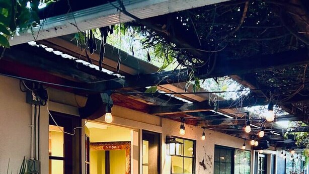 An outdoor patio area with a wooden table and bench, surrounded by potted plants and a view of the interior space.