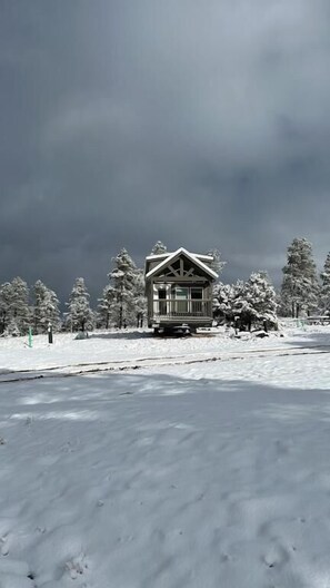 A snow-covered lodge with a symmetrical facade, large windows, and a balcony. - Luxury Cabin with Mountain View 3B (Williams)