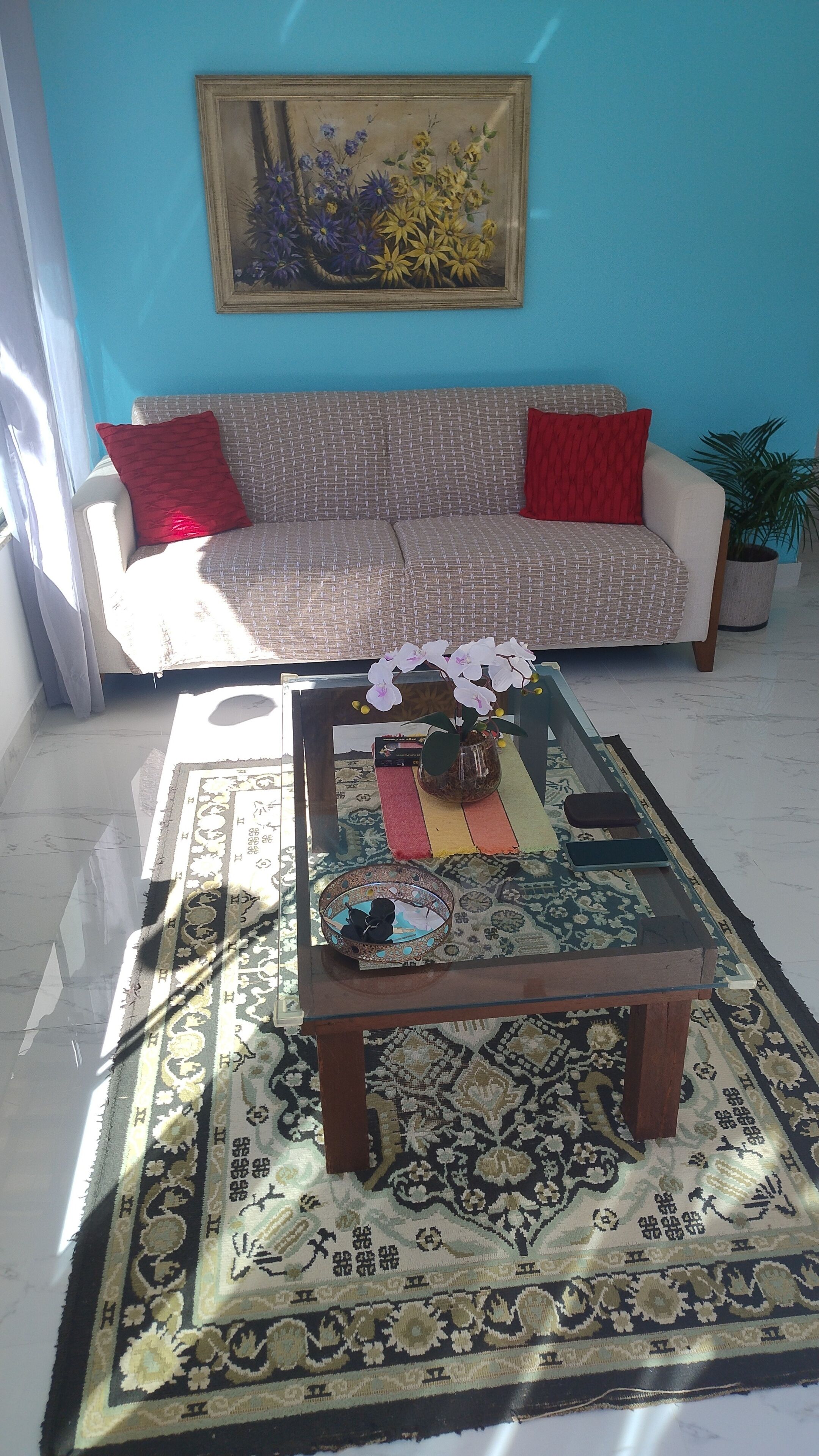 Un salon avec un canapé, une table basse, un tapis à motifs et un tableau accroché au mur.