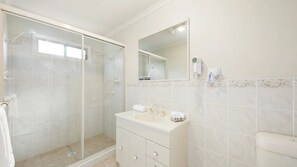 A bathroom with a glass shower enclosure, a sink with a mirror, and a toilet.
