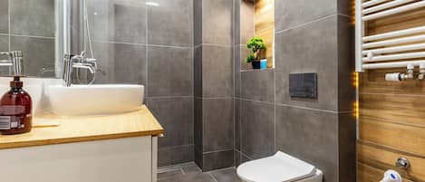 Douche, séchoir à cheveux, serviettes fournies