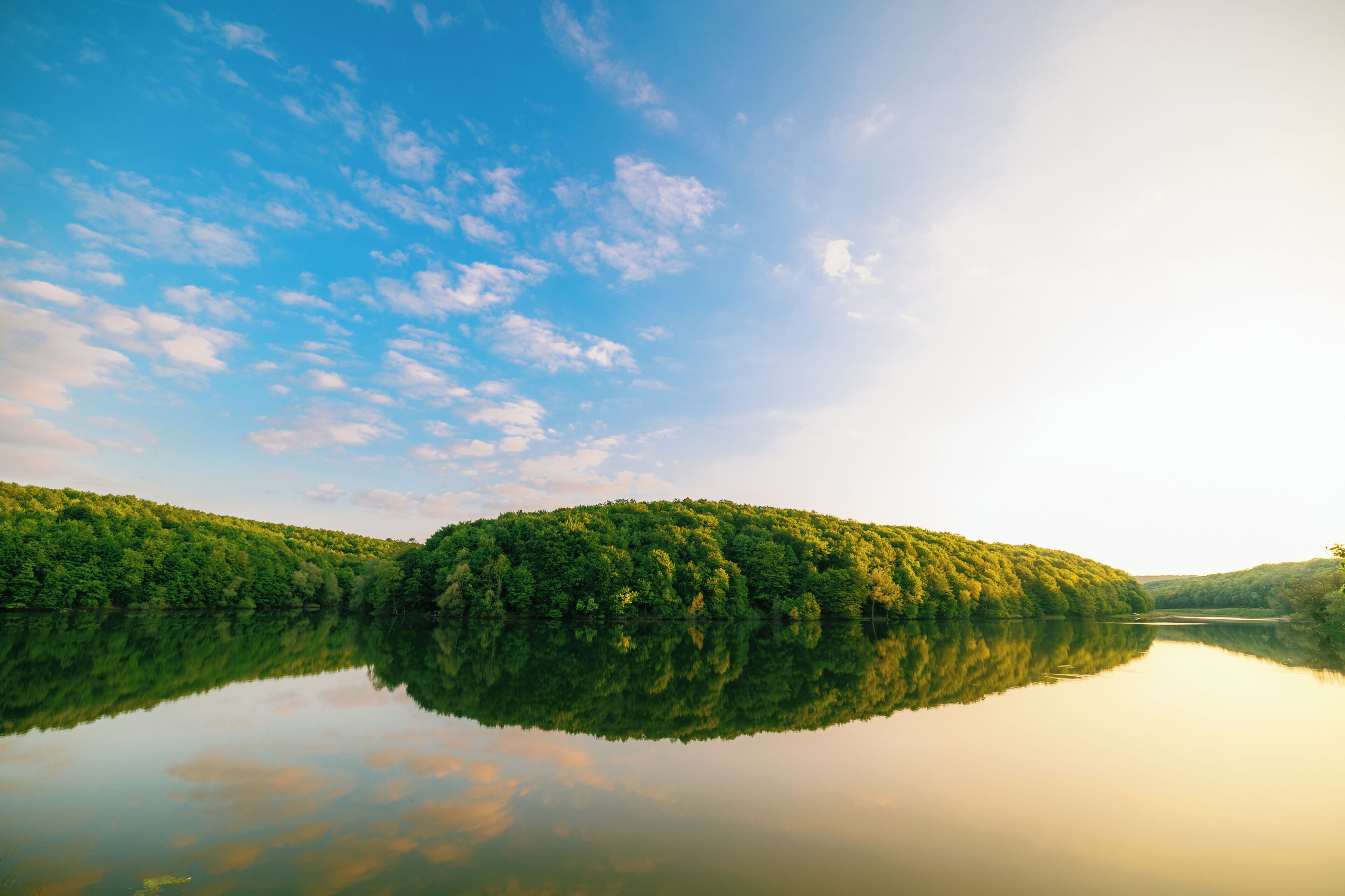 Un lac paisible, avec une île boisée dont le reflet se mire dans l’eau.