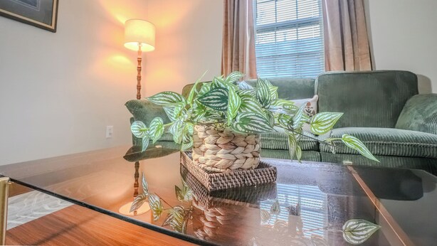 A living room with a glass coffee table, a potted plant, a lamp, and a couch. - Centrally Located King Bed Midtown Crosstown 1428 (Memphis)