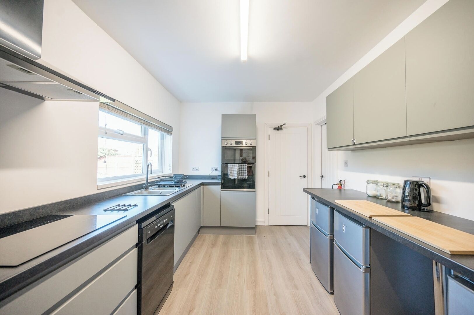 Fridge, microwave, toaster, cookware/dishes/utensils