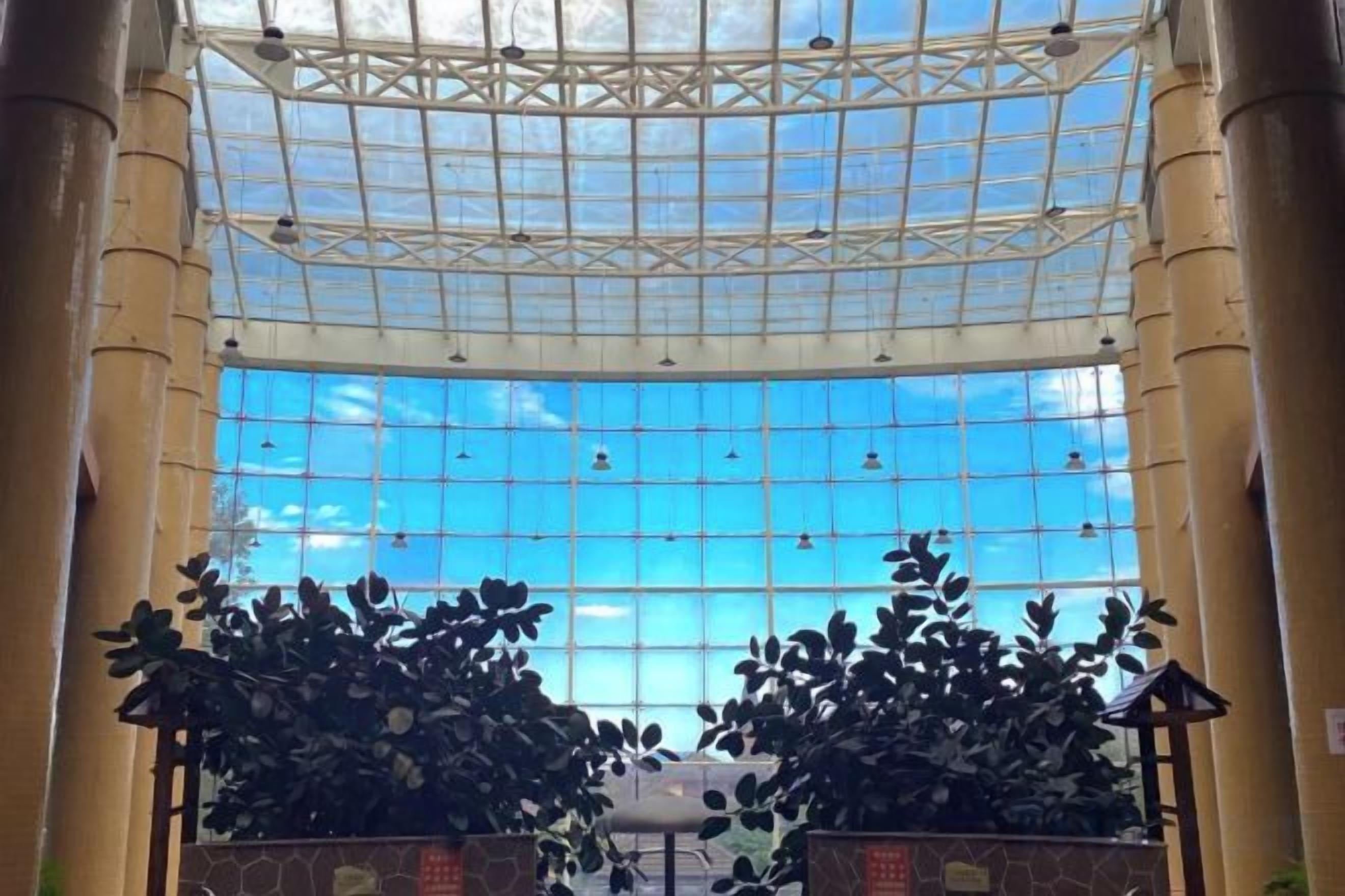A spacious atrium with a high ceiling and a large glass wall.