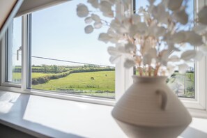 A window with a view of a green field and a horse, and a vase with white flowers on the windowsill. - Lamb Cottage, Holiday Cottage Herbrandston, Sleeps 6, 3 bedrooms,  bathrooms (Milford Haven)