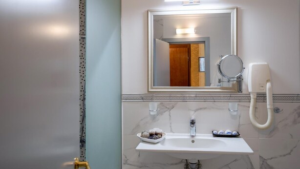 A bathroom with a white sink, a mirror, a handheld showerhead, and a towel rack.