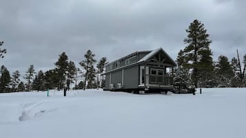 Una cabaña con balcón, rodeada de nieve y árboles.