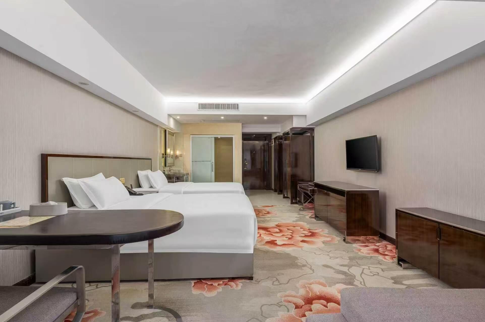 Une chambre d’hôtel avec un lit, un bureau, une chaise, une télévision et une salle de bain visible au fond.