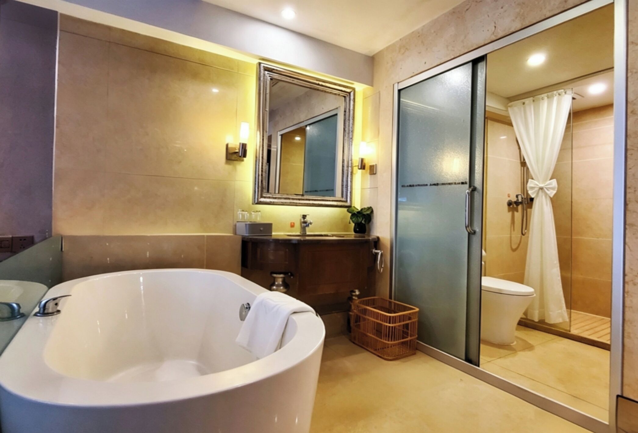 Hair dryer, slippers, towels, soap