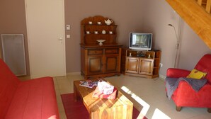A living room with a red sofa, a wooden coffee table, a television on a wooden stand, and a red armchair. - PASSIFLORE - Froncles (Froncles)