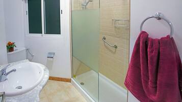 Shower, hair dryer, bidet, towels