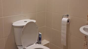 Un baño con inodoro, rollo de papel higiénico y lavamanos.