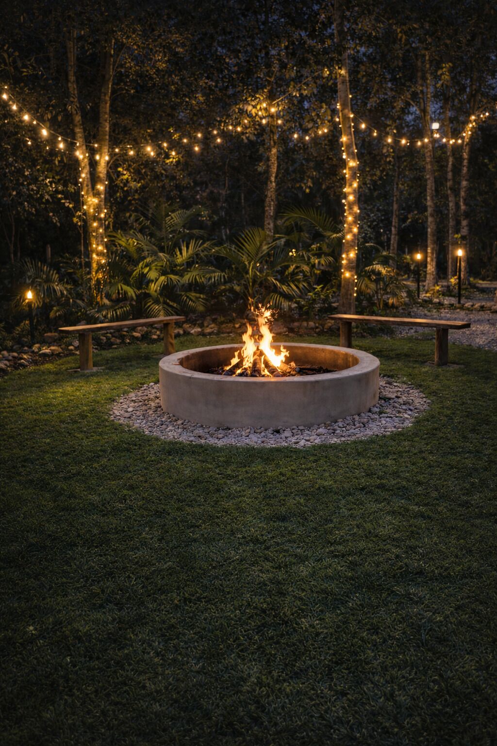 A fire pit surrounded by a grassy area, with string lights and trees in the background.