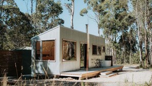 A modern, single-story cabin with large windows, a deck, and a chimney.