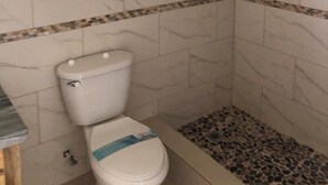 A bathroom with a toilet, shower, and a window.