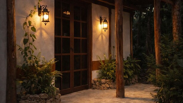 A rustic building with a wooden balcony, stone walls, and two wall-mounted lanterns. - Rancho Ajaw - Ajaw Kún Siuite Premium Hut 🌿 (Leona Vicario)