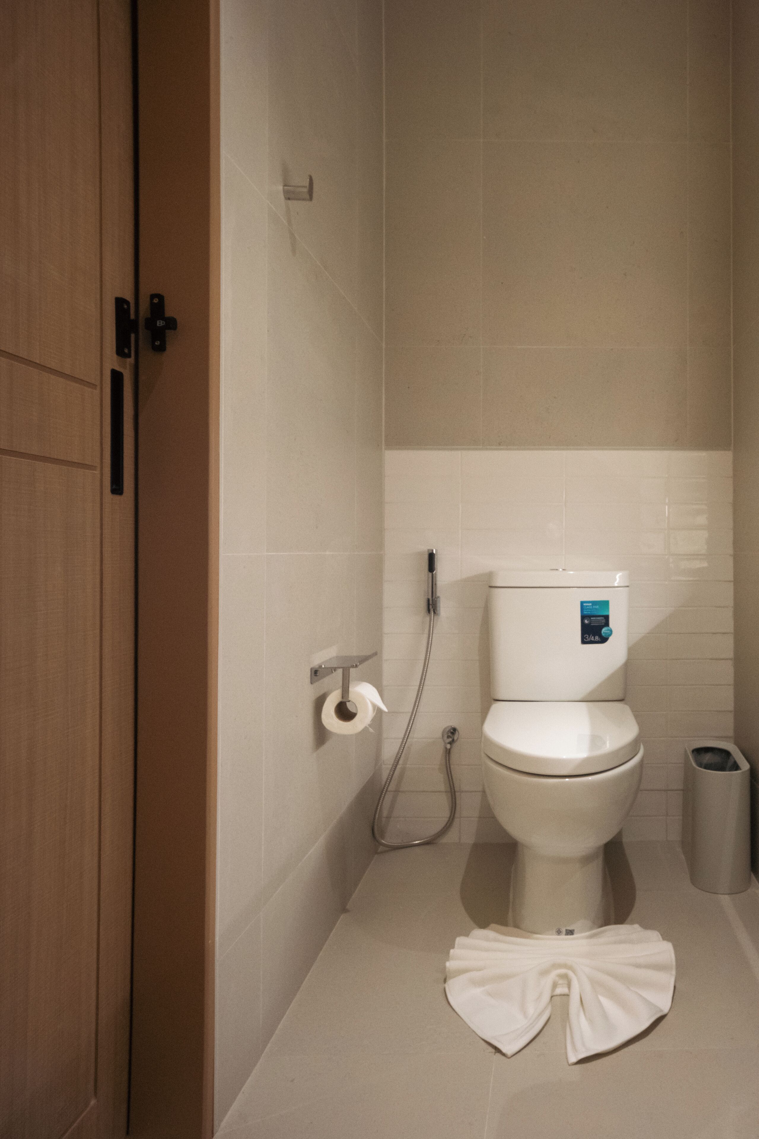 A bathroom with a toilet, a paper towel holder, a shower head, and a trash can.
