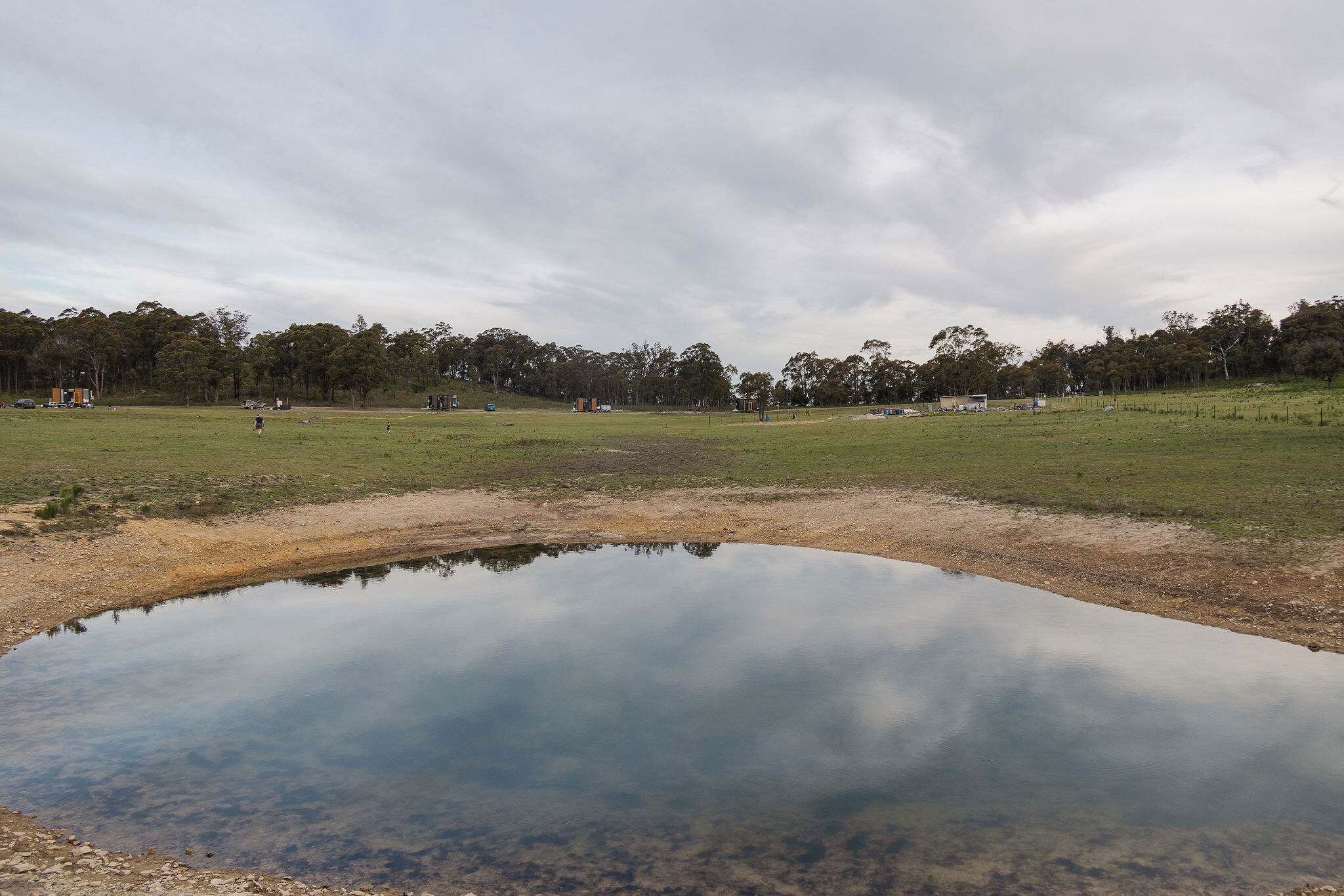 A natural landscape with a pond, grassy field, and trees.