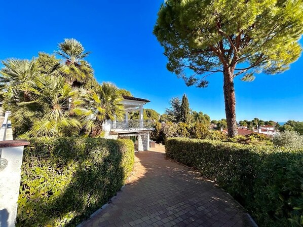 Un chemin mène à un bâtiment doté d’un patio couvert, entouré d’une végétation luxuriante et surplombé d’un ciel bleu clair.