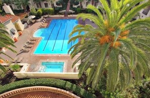 A swimming pool with multiple lanes, surrounded by lounge chairs and palm trees.