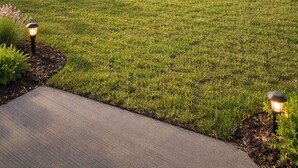 A well-maintained backyard with a wooden fence, a lawn, and a house with a garage. - Fresh Baked Cookies /Brownies with  check in from Sweet Vegan Cookie Company (Mesquite)