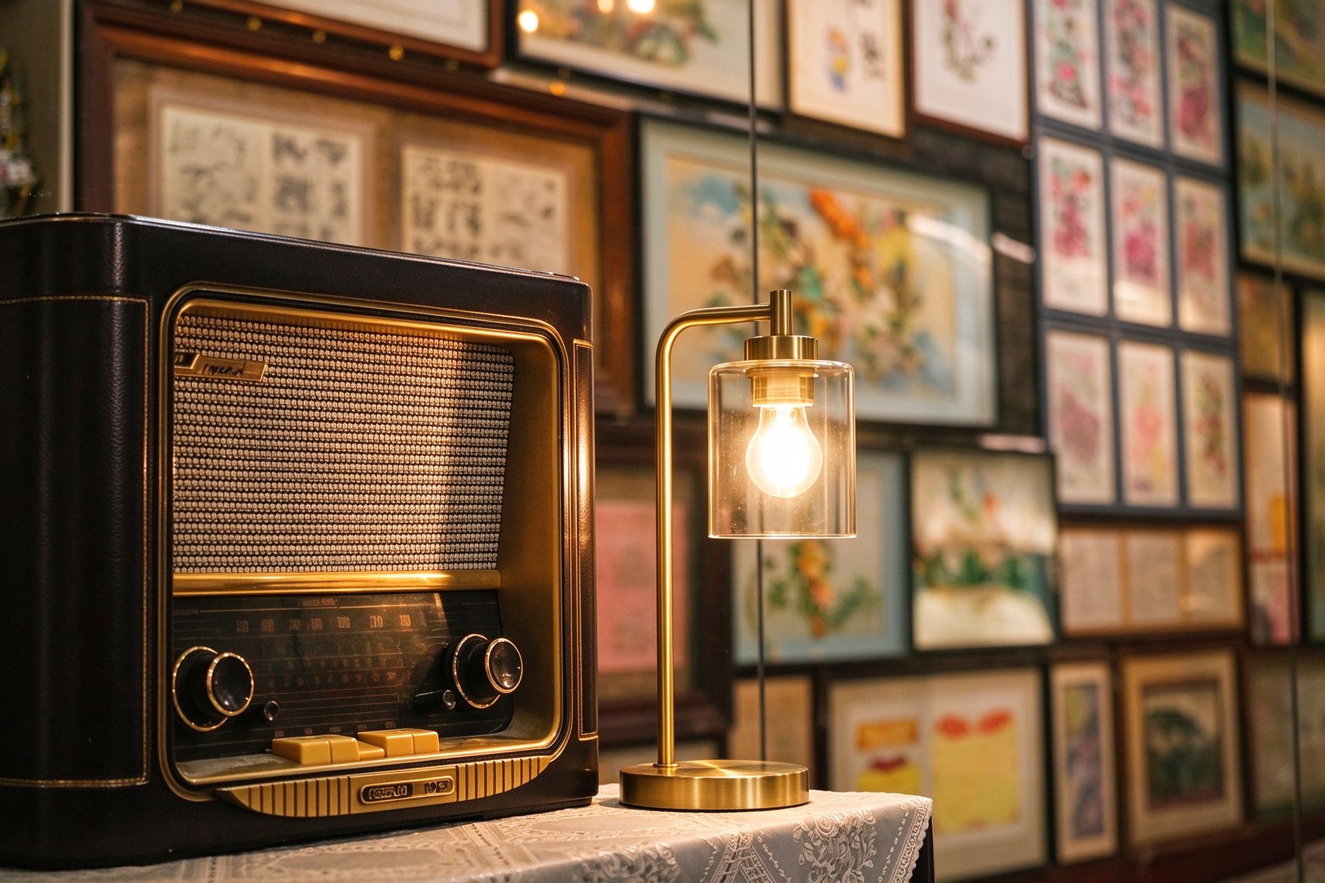 En vintage radio med en pære på et bord, omgivet af indrammede billeder på væggen.