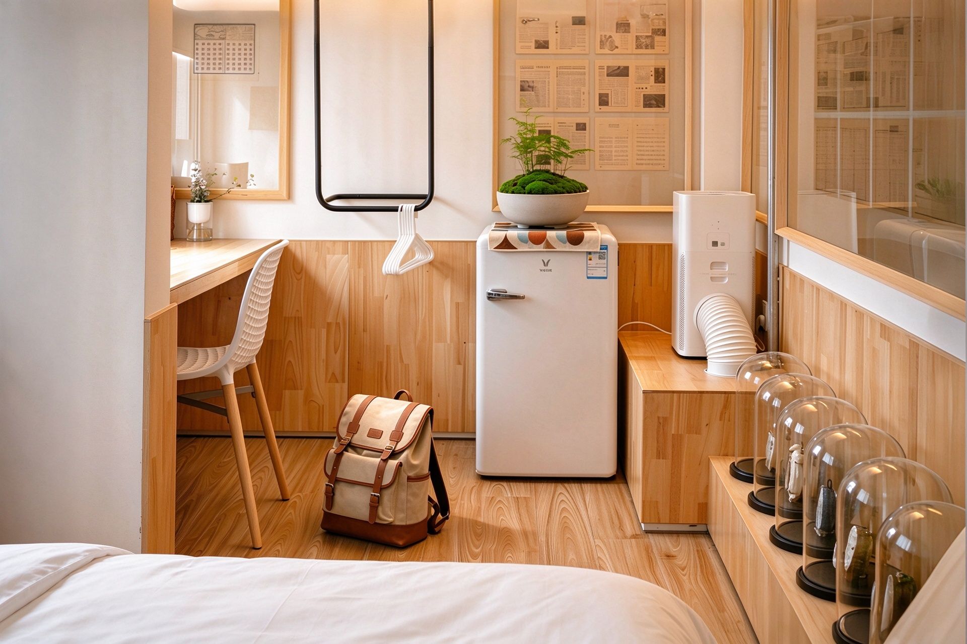 Una habitación pequeña con cama, escritorio, silla, refrigerador compacto, una planta y ventana.