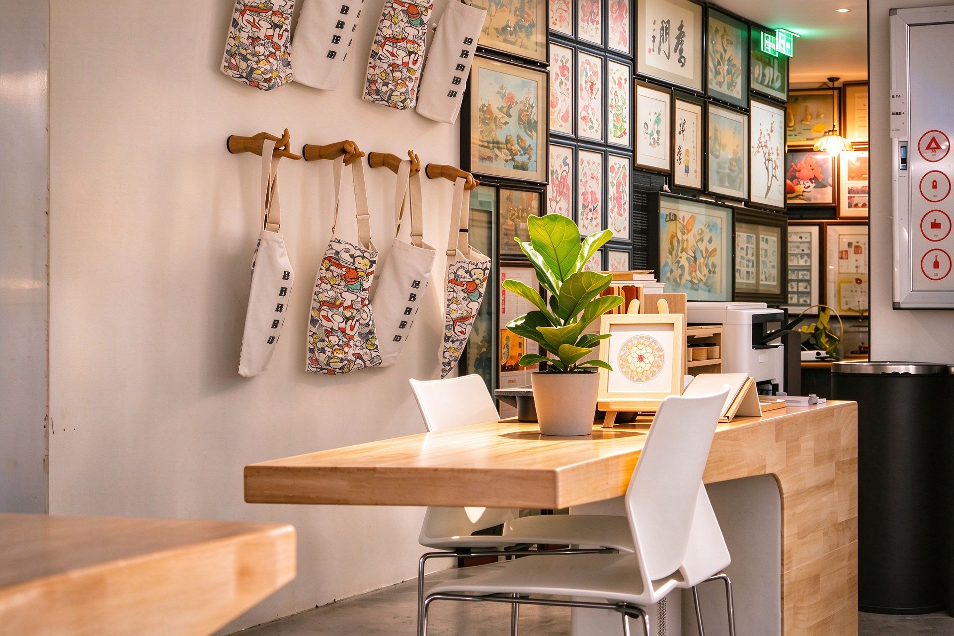 A cafe interior with a wooden table, white chairs, a potted plant, and a wall adorned with framed artwork and hanging bags.