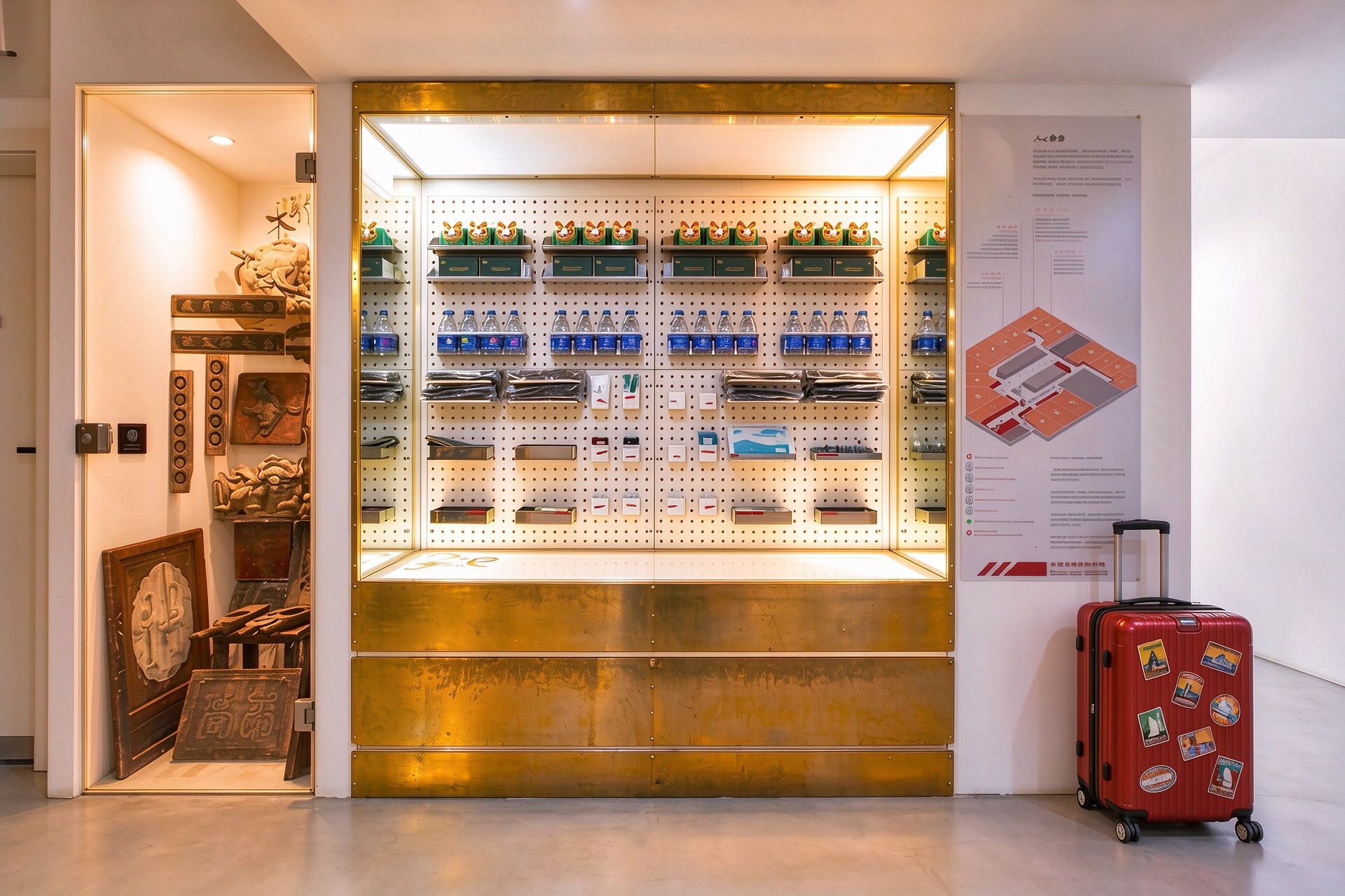 A hotel lobby with a wall display of amenities including bottled water, snacks, and a red suitcase with travel stickers.