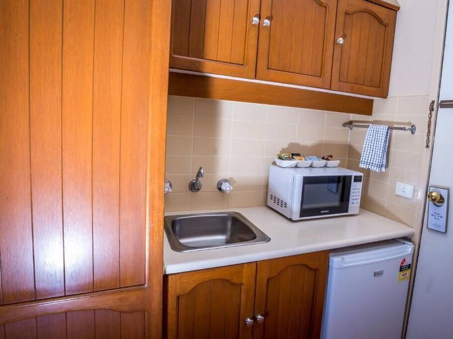 A compact kitchen with wooden cabinets, a stainless steel sink, a white microwave, and a small refrigerator.