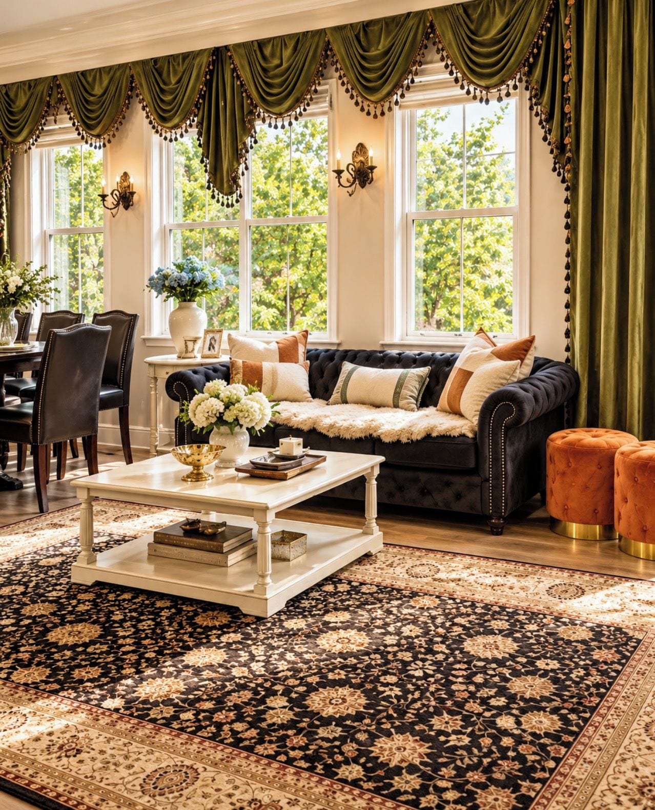 Ein Wohnzimmer mit einem dunkelgrauen Sofa, einem weißen Couchtisch und grünen Vorhängen.