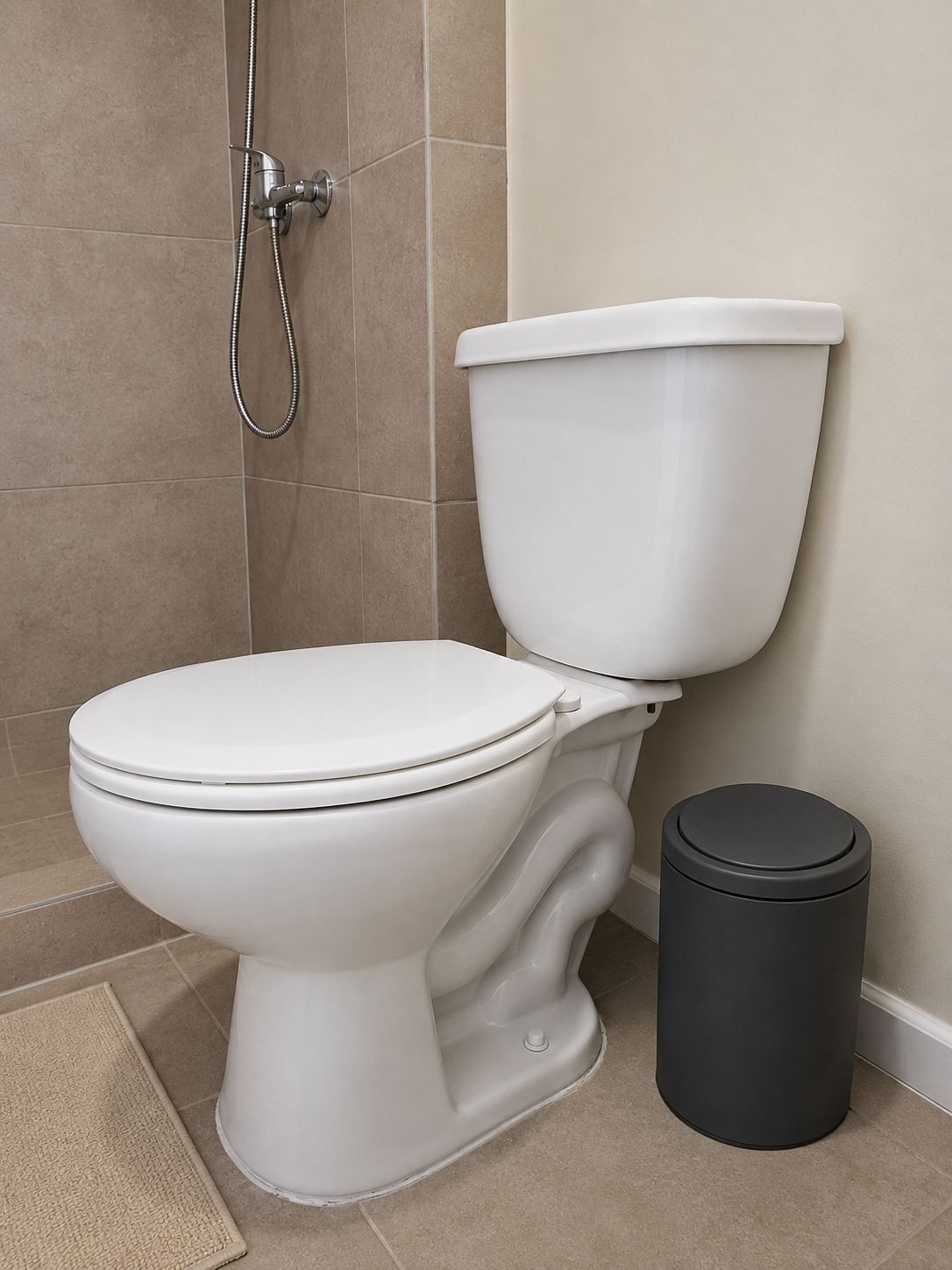 Sanitário com função bidê, lixeira preta e piso revestido de azulejos bege.