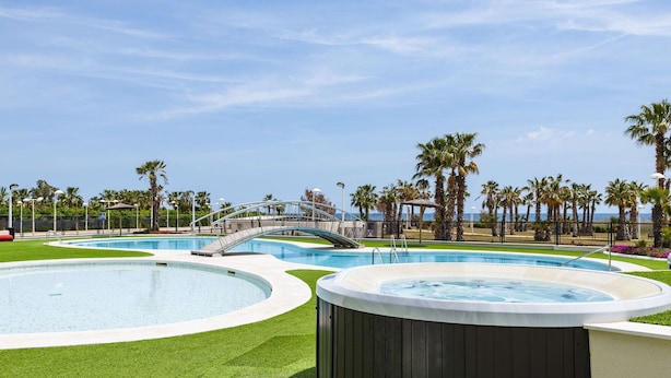 Een zwembadgedeelte met een jacuzzi, een brug en palmbomen.