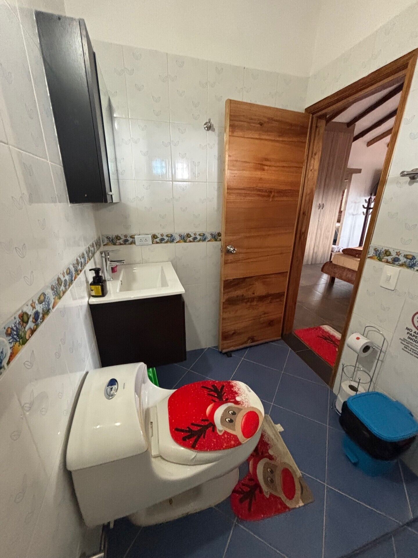 Un baño con inodoro, lavabo y puerta de madera.