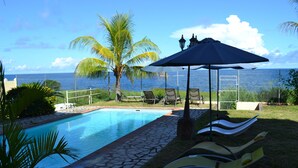A pool area with lounge chairs, a palm tree, and a view of the ocean. - Cozy apartment in quiet area with fantastic sea view and swimming pool, (Riviere Noire)
