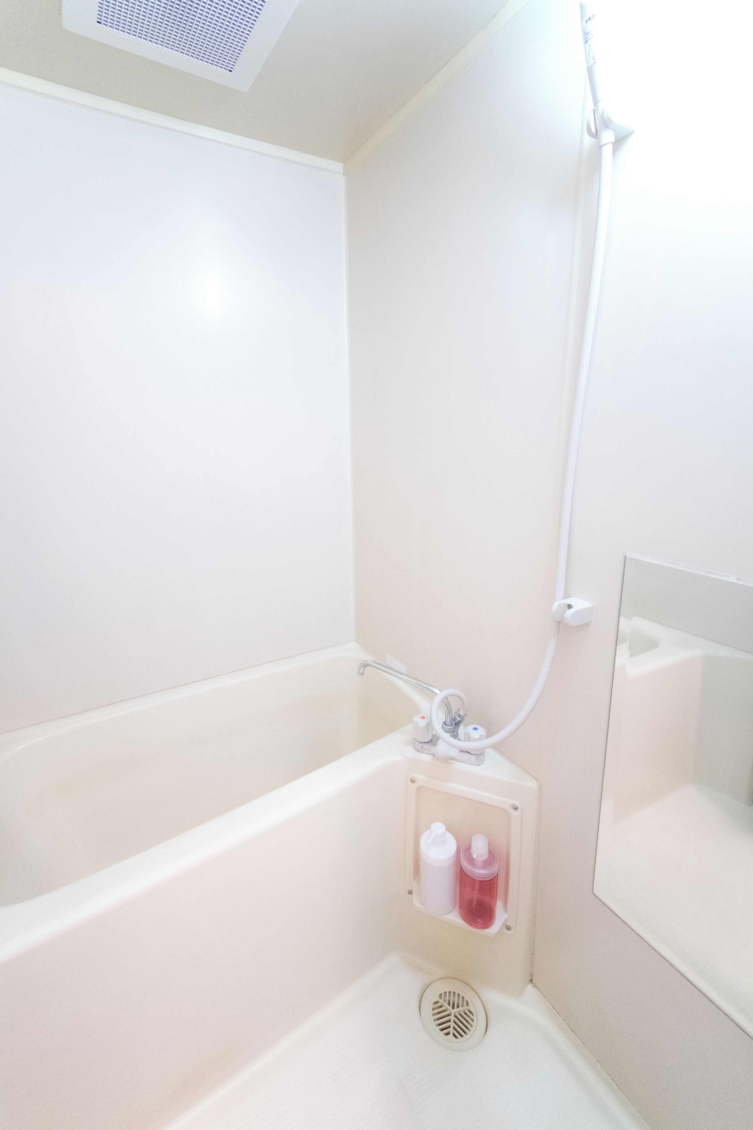 Ein Badezimmer mit Badewanne, Dusche und Spiegel.