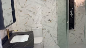Shower, towels, soap, toilet paper