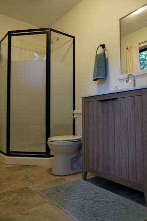 Shower, towels, soap, toilet paper