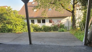 A paved driveway leading to a house with a tiled roof, surrounded by greenery and a ladder leaning against a tree.
