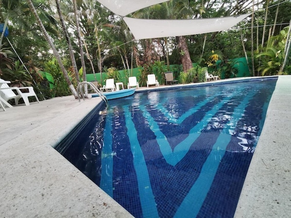 Une piscine à l’eau d’un bleu cristallin, entourée de verdure et de chaises longues blanches.