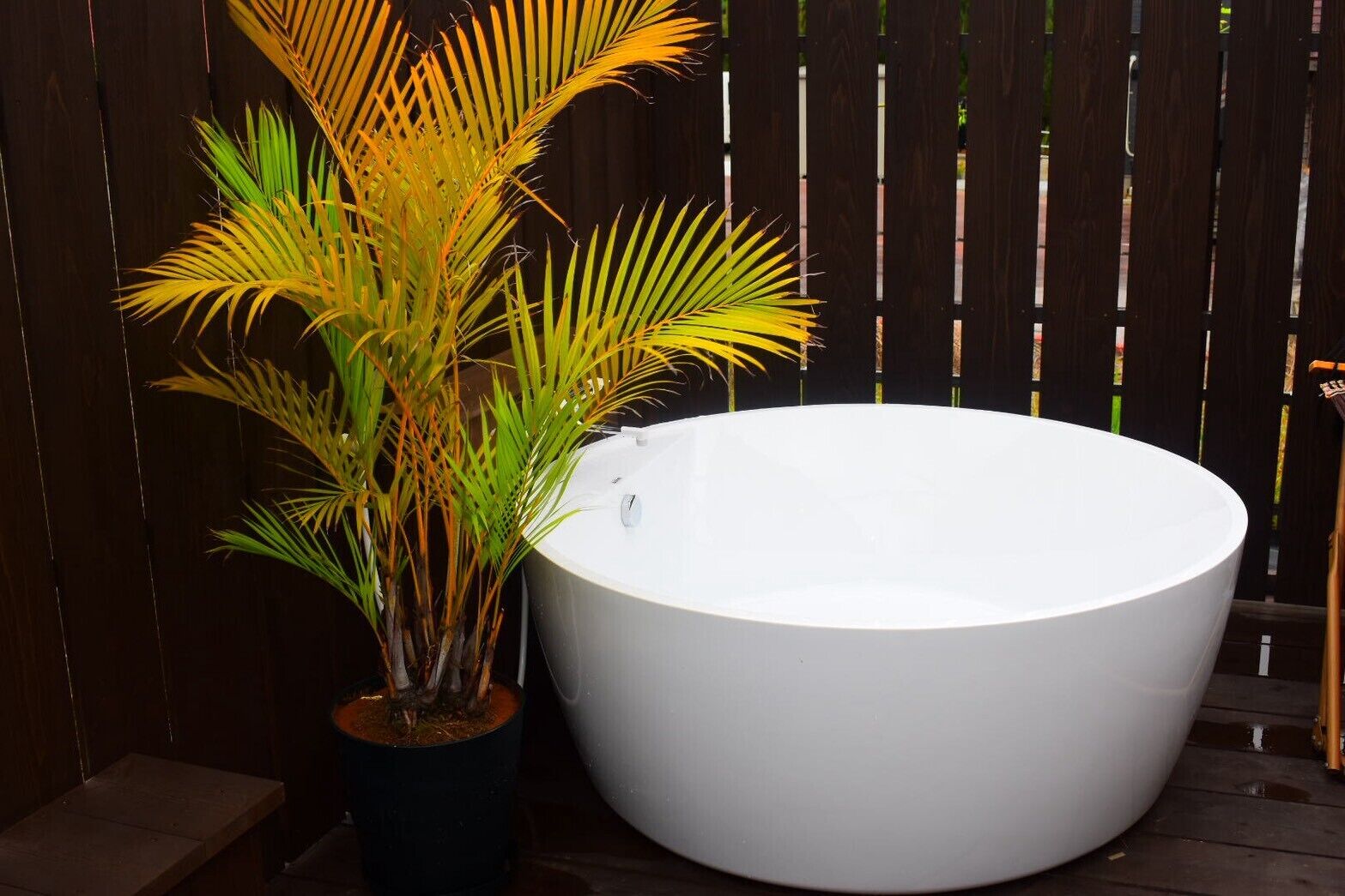A large white bathtub next to a potted plant.